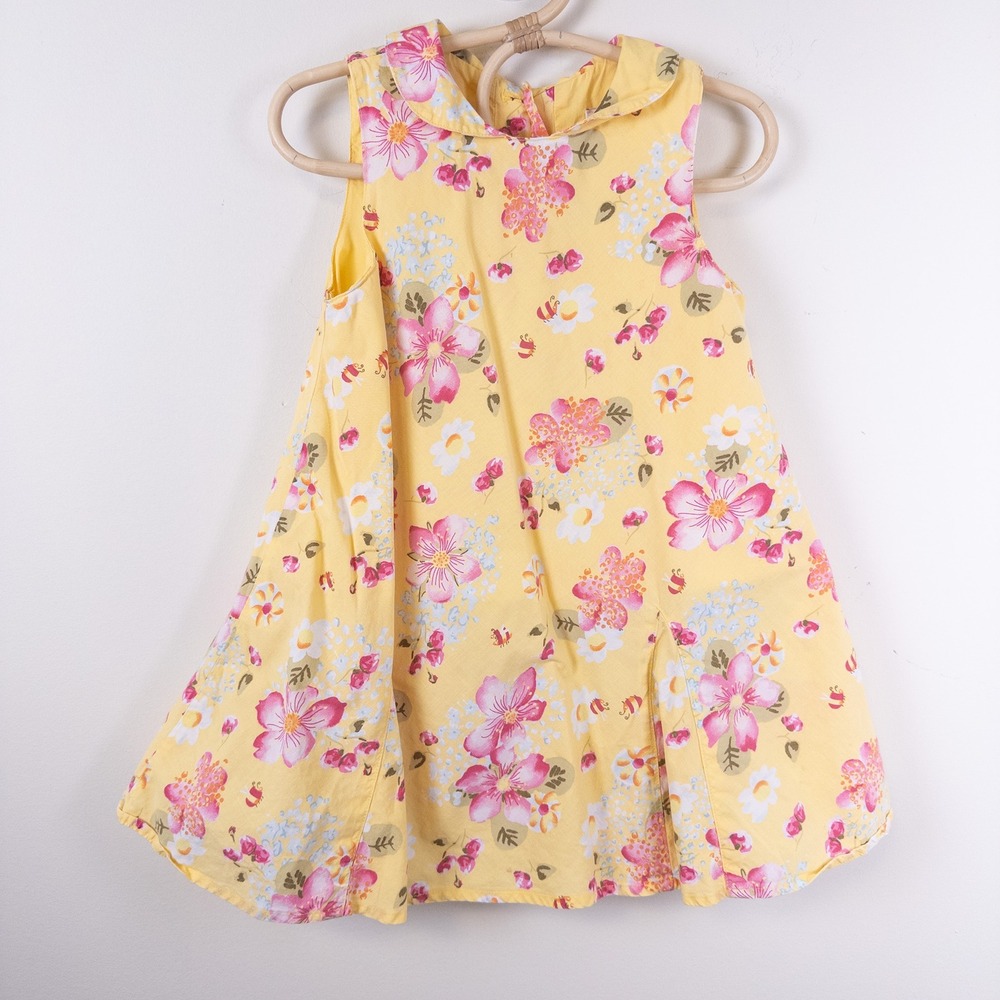 Catimini Floral Dress Kids 3T Yellow Pink Sleeveless Peter Pan Collar Bee Print